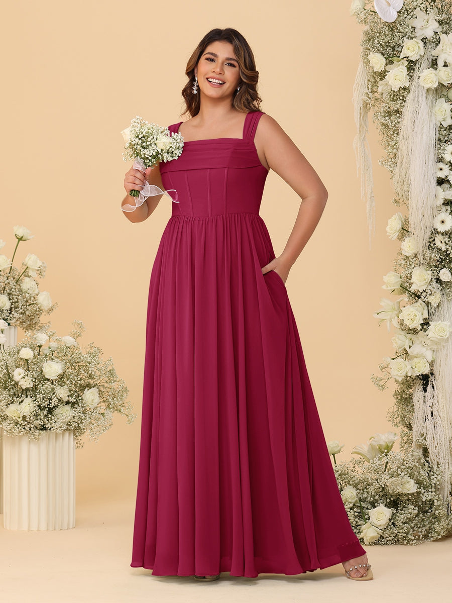 Chiffon A-Line/Princess Square Neck Sleeveless Plus Size Bridesmaid Dresses with Pleats