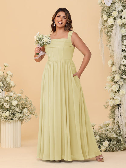 Chiffon A-Line/Princess Square Neck Sleeveless Plus Size Bridesmaid Dresses with Pleats