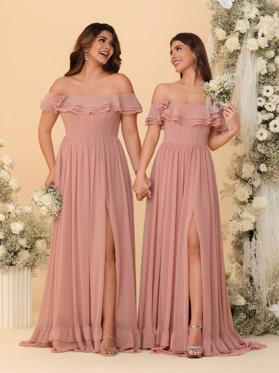 Chiffon A-Line/Princess Off-the-Shoulder Short Sleeves Ruched Bridesmaid Dresses