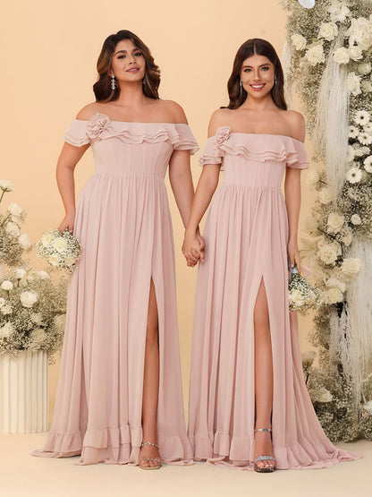 Chiffon A-Line/Princess Off-the-Shoulder Short Sleeves Ruched Bridesmaid Dresses