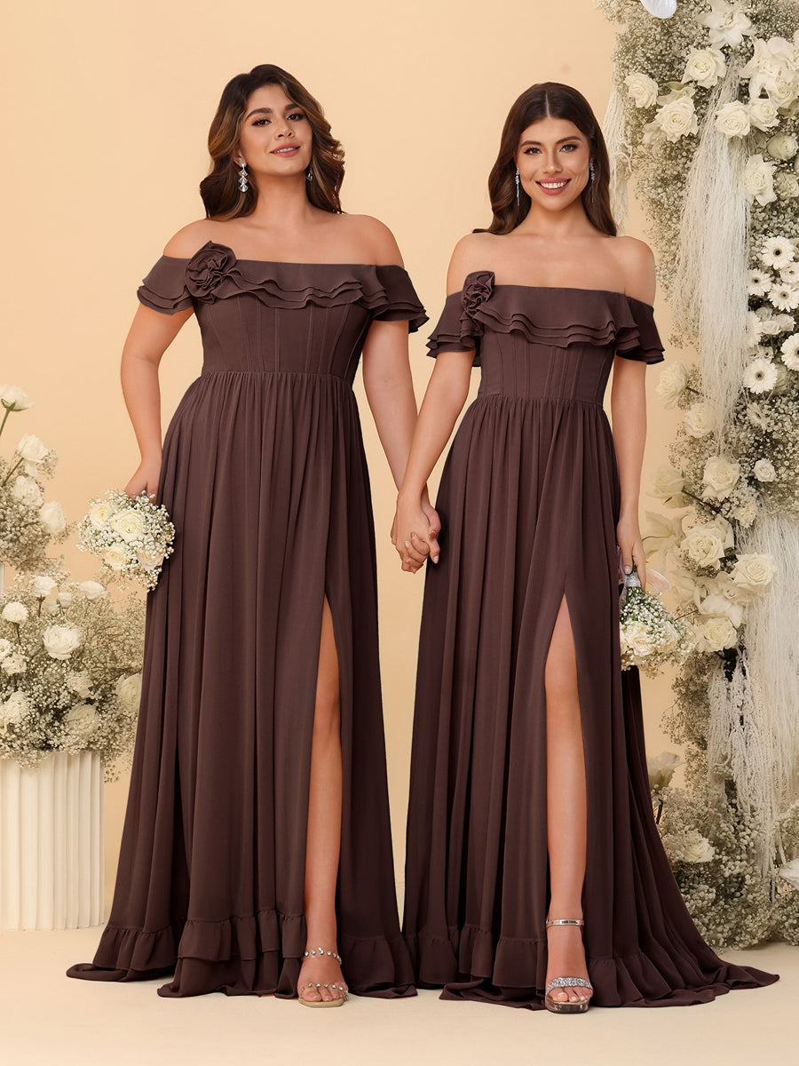 Chiffon A-Line/Princess Off-the-Shoulder Short Sleeves Ruched Bridesmaid Dresses