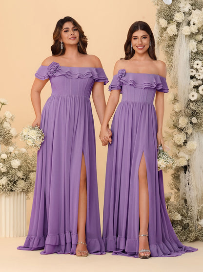 Chiffon A-Line/Princess Off-the-Shoulder Short Sleeves Ruched Bridesmaid Dresses