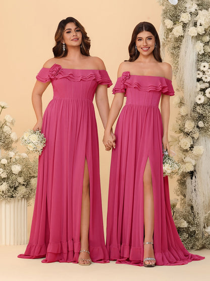 Chiffon A-Line/Princess Off-the-Shoulder Short Sleeves Ruched Bridesmaid Dresses