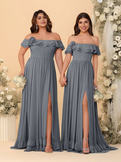 Chiffon A-Line/Princess Off-the-Shoulder Short Sleeves Ruched Bridesmaid Dresses