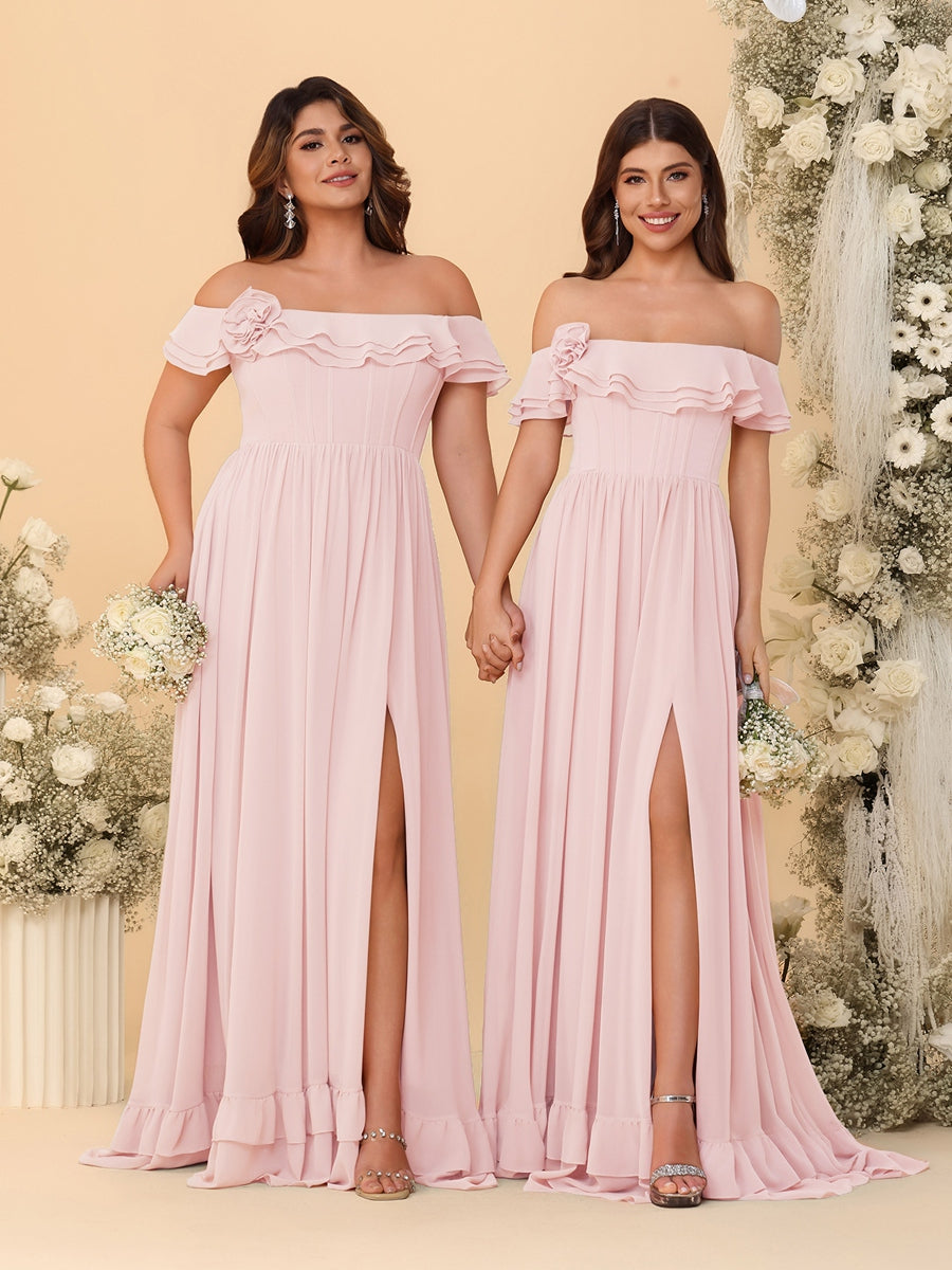 Chiffon A-Line/Princess Off-the-Shoulder Short Sleeves Ruched Bridesmaid Dresses