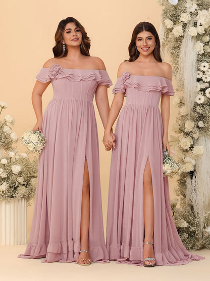 Chiffon A-Line/Princess Off-the-Shoulder Short Sleeves Ruched Bridesmaid Dresses