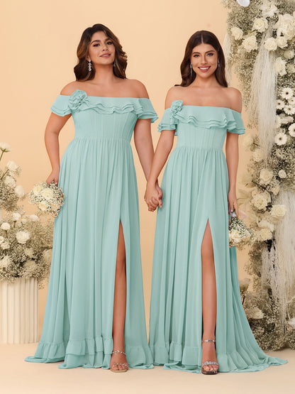 Chiffon A-Line/Princess Off-the-Shoulder Short Sleeves Ruched Bridesmaid Dresses