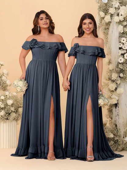Chiffon A-Line/Princess Off-the-Shoulder Short Sleeves Ruched Bridesmaid Dresses