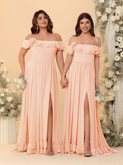 Chiffon A-Line/Princess Off-the-Shoulder Short Sleeves Ruched Bridesmaid Dresses