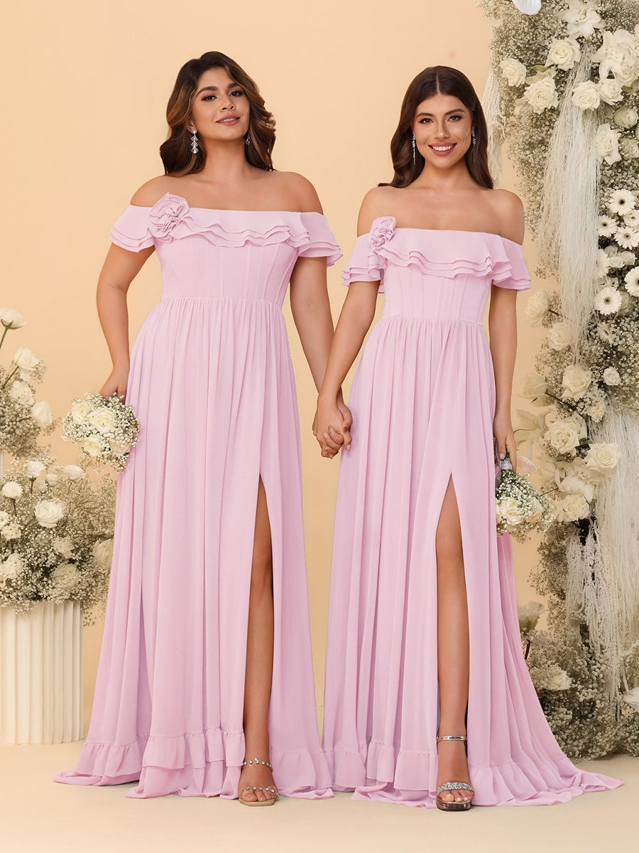 Chiffon A-Line/Princess Off-the-Shoulder Short Sleeves Ruched Bridesmaid Dresses