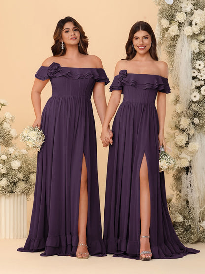 Chiffon A-Line/Princess Off-the-Shoulder Short Sleeves Ruched Bridesmaid Dresses
