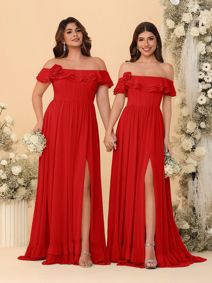 Chiffon A-Line/Princess Off-the-Shoulder Short Sleeves Ruched Bridesmaid Dresses