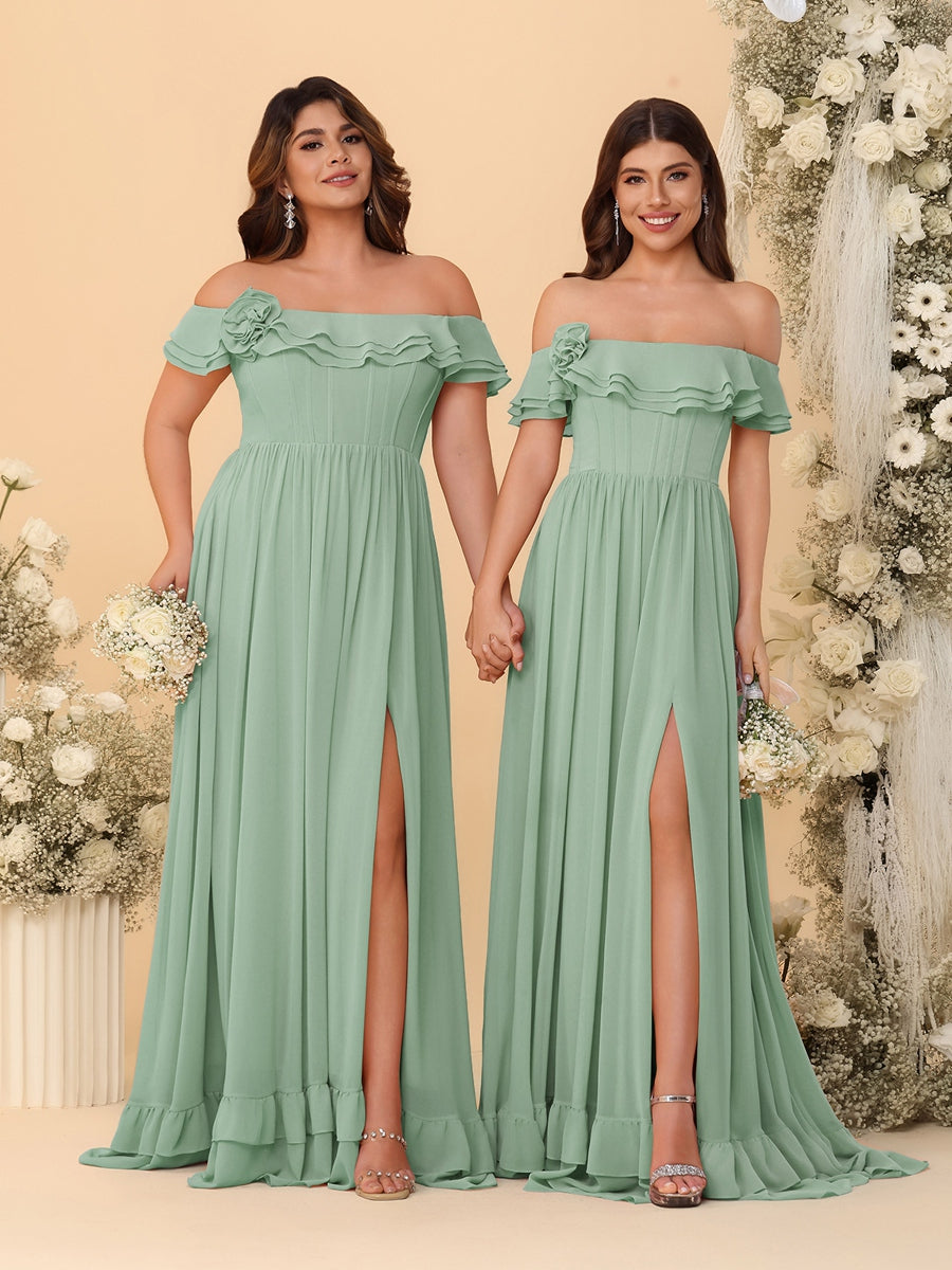 Chiffon A-Line/Princess Off-the-Shoulder Short Sleeves Ruched Bridesmaid Dresses