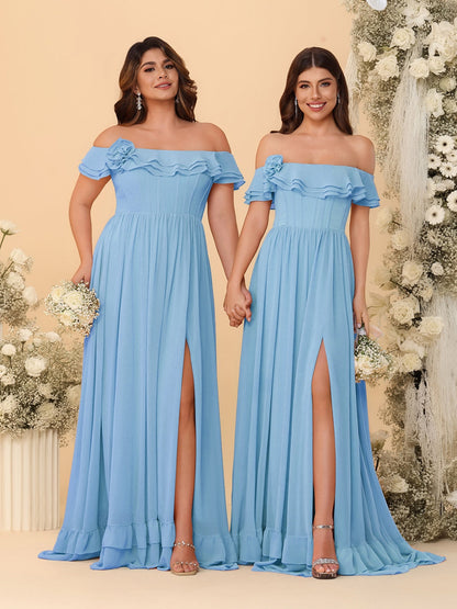 Chiffon A-Line/Princess Off-the-Shoulder Short Sleeves Ruched Bridesmaid Dresses