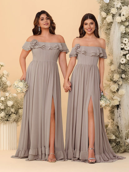 Chiffon A-Line/Princess Off-the-Shoulder Short Sleeves Ruched Bridesmaid Dresses