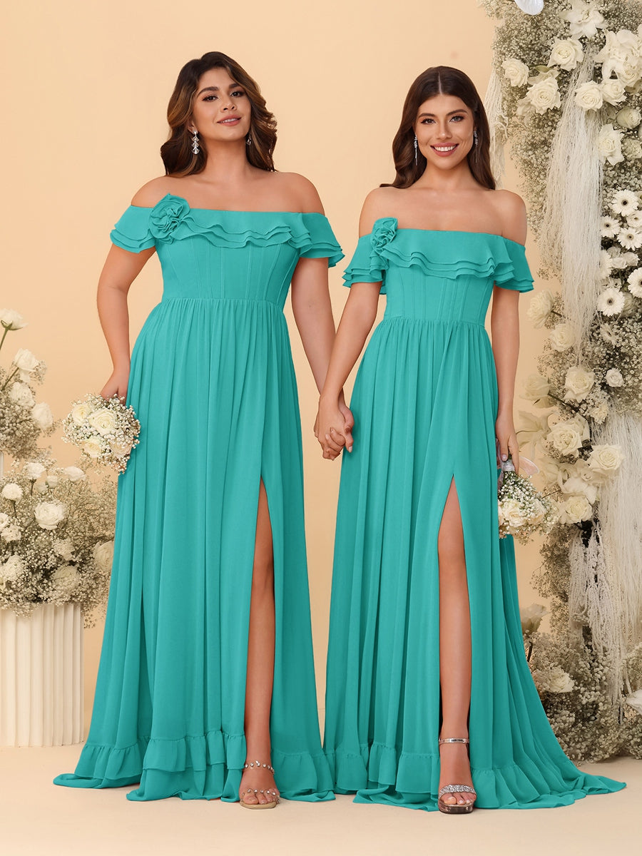 Chiffon A-Line/Princess Off-the-Shoulder Short Sleeves Ruched Bridesmaid Dresses