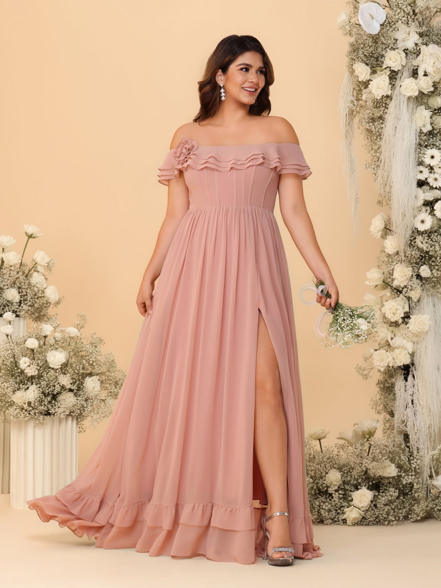 Chiffon A-Line/Princess Off-the-Shoulder Short Sleeves Plus Size Bridesmaid Dresses with Side Slit