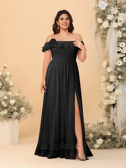 Chiffon A-Line/Princess Off-the-Shoulder Short Sleeves Plus Size Bridesmaid Dresses with Side Slit
