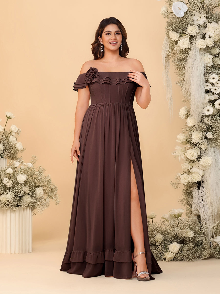 Chiffon A-Line/Princess Off-the-Shoulder Short Sleeves Plus Size Bridesmaid Dresses with Side Slit