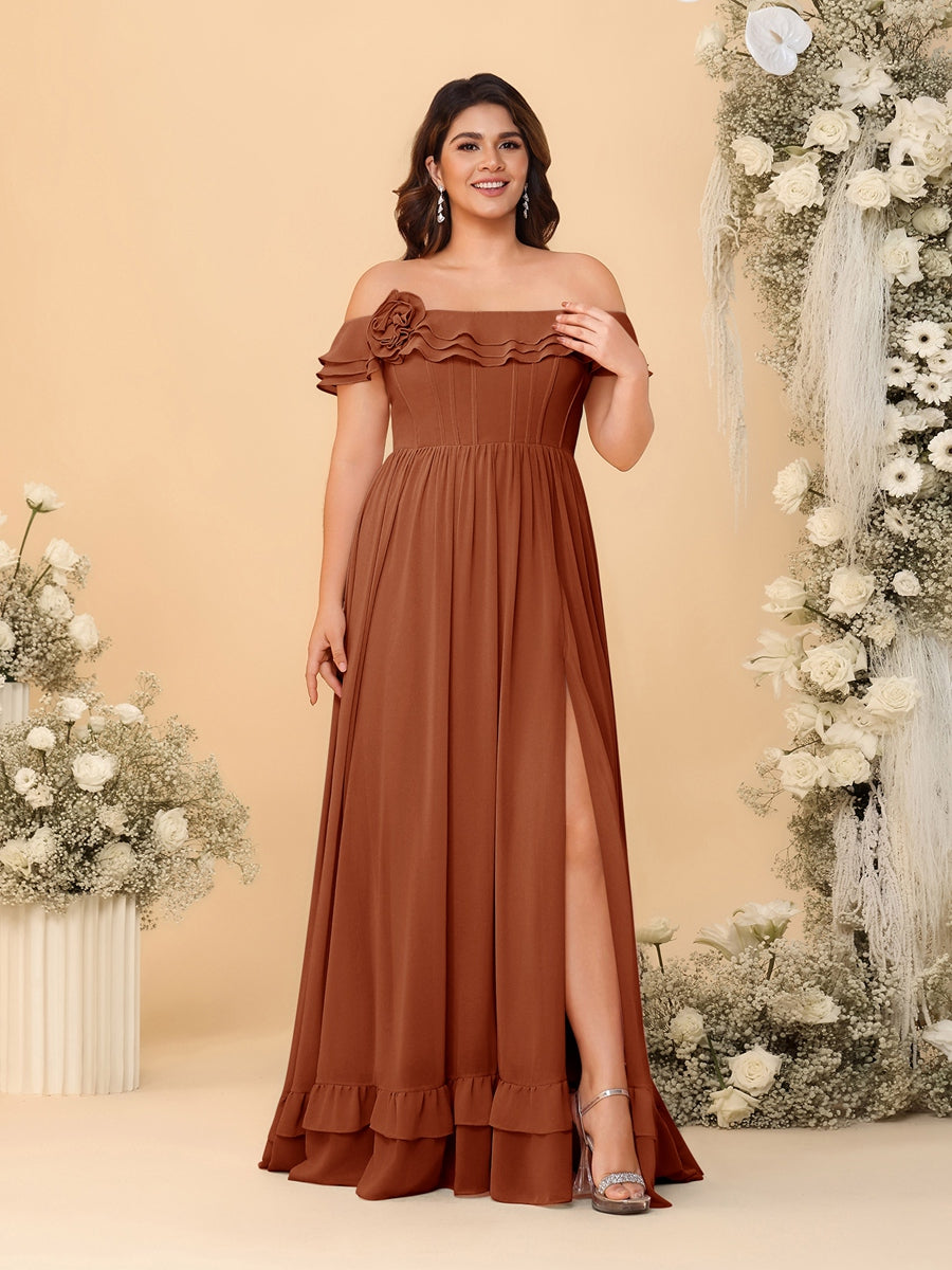 Chiffon A-Line/Princess Off-the-Shoulder Short Sleeves Plus Size Bridesmaid Dresses with Side Slit
