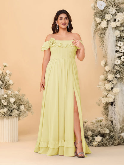 Chiffon A-Line/Princess Off-the-Shoulder Short Sleeves Plus Size Bridesmaid Dresses with Side Slit