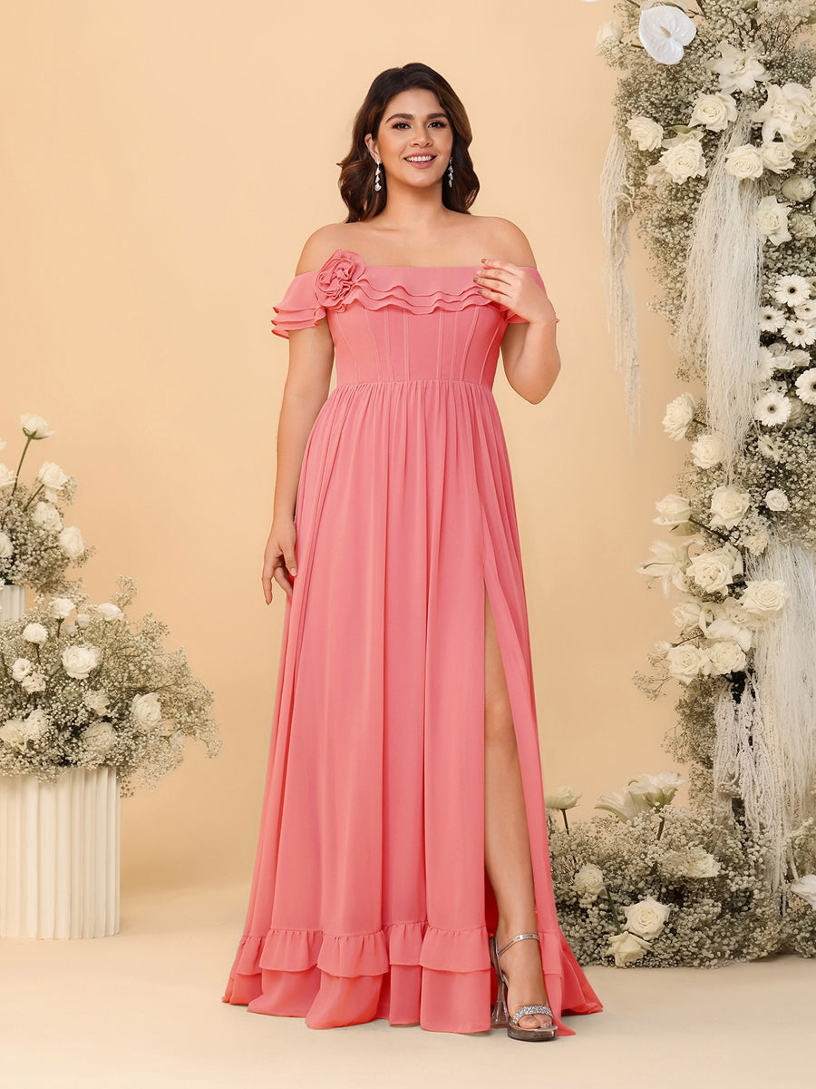 Chiffon A-Line/Princess Off-the-Shoulder Short Sleeves Plus Size Bridesmaid Dresses with Side Slit