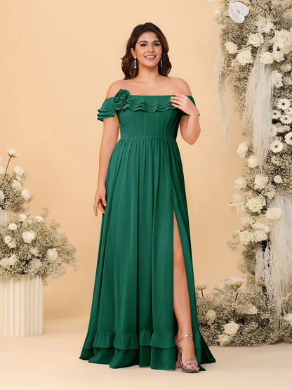 Chiffon A-Line/Princess Off-the-Shoulder Short Sleeves Plus Size Bridesmaid Dresses with Side Slit