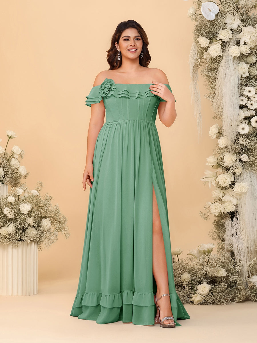 Chiffon A-Line/Princess Off-the-Shoulder Short Sleeves Plus Size Bridesmaid Dresses with Side Slit