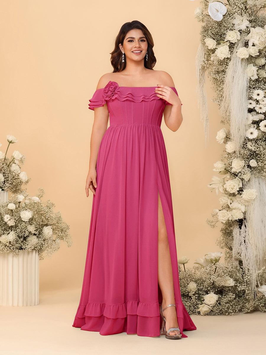 Chiffon A-Line/Princess Off-the-Shoulder Short Sleeves Plus Size Bridesmaid Dresses with Side Slit