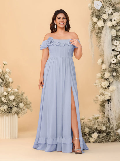 Chiffon A-Line/Princess Off-the-Shoulder Short Sleeves Plus Size Bridesmaid Dresses with Side Slit