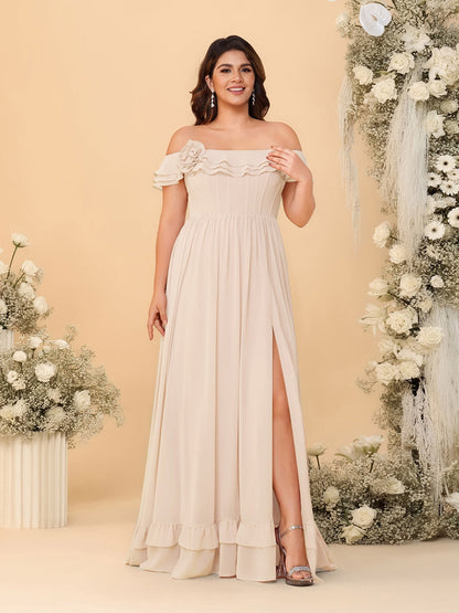 Chiffon A-Line/Princess Off-the-Shoulder Short Sleeves Plus Size Bridesmaid Dresses with Side Slit