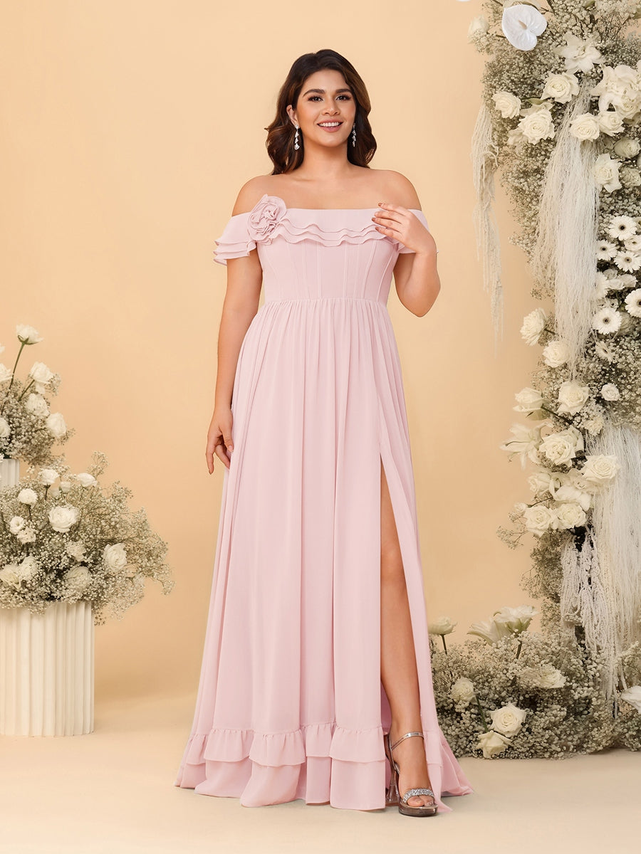 Chiffon A-Line/Princess Off-the-Shoulder Short Sleeves Plus Size Bridesmaid Dresses with Side Slit