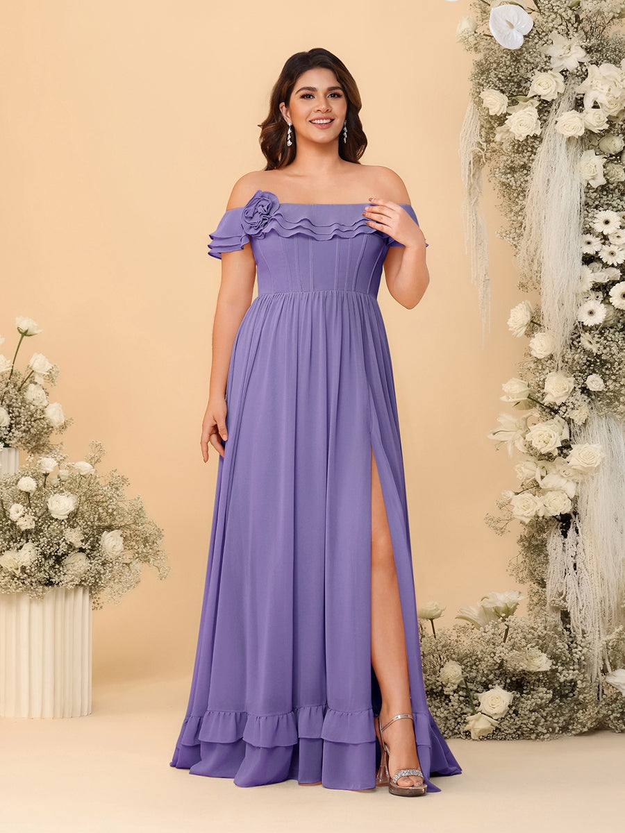 Chiffon A-Line/Princess Off-the-Shoulder Short Sleeves Plus Size Bridesmaid Dresses with Side Slit
