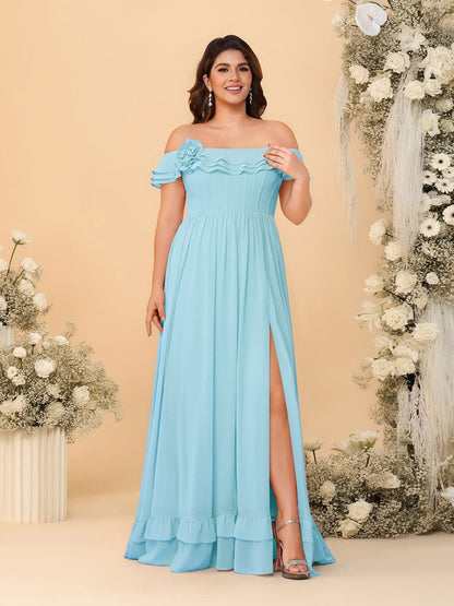 Chiffon A-Line/Princess Off-the-Shoulder Short Sleeves Plus Size Bridesmaid Dresses with Side Slit