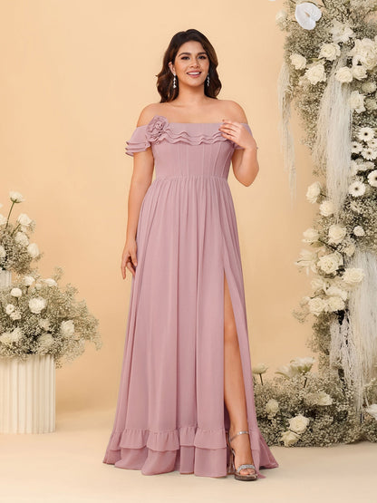 Chiffon A-Line/Princess Off-the-Shoulder Short Sleeves Plus Size Bridesmaid Dresses with Side Slit