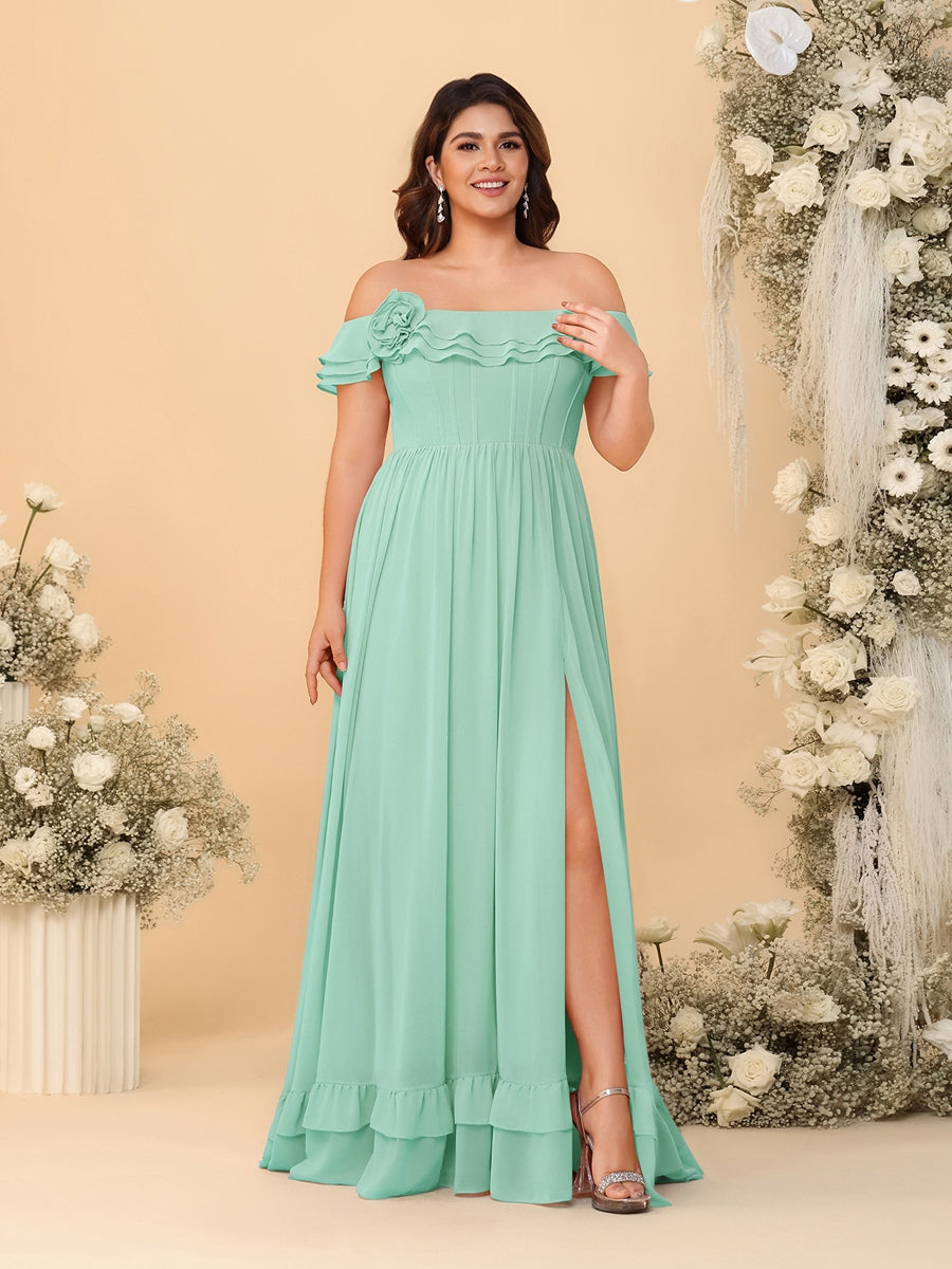 Chiffon A-Line/Princess Off-the-Shoulder Short Sleeves Plus Size Bridesmaid Dresses with Side Slit