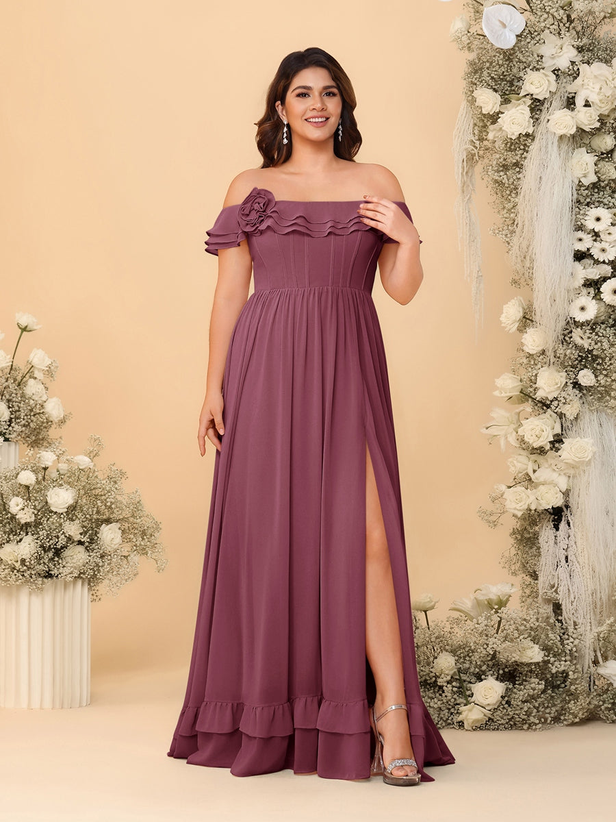 Chiffon A-Line/Princess Off-the-Shoulder Short Sleeves Plus Size Bridesmaid Dresses with Side Slit