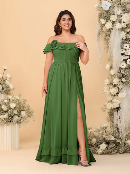 Chiffon A-Line/Princess Off-the-Shoulder Short Sleeves Plus Size Bridesmaid Dresses with Side Slit