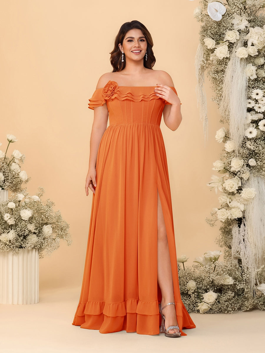 Chiffon A-Line/Princess Off-the-Shoulder Short Sleeves Plus Size Bridesmaid Dresses with Side Slit