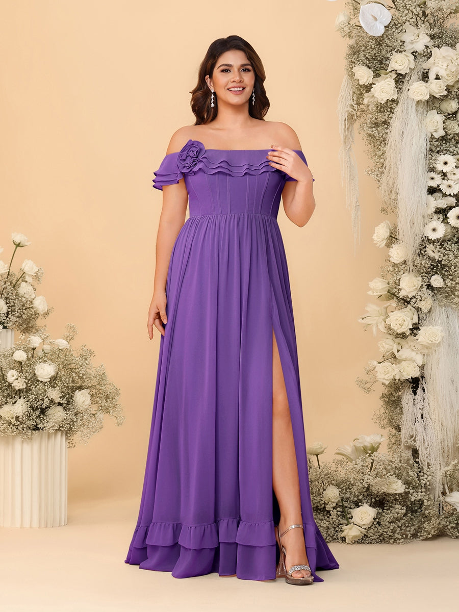 Chiffon A-Line/Princess Off-the-Shoulder Short Sleeves Plus Size Bridesmaid Dresses with Side Slit
