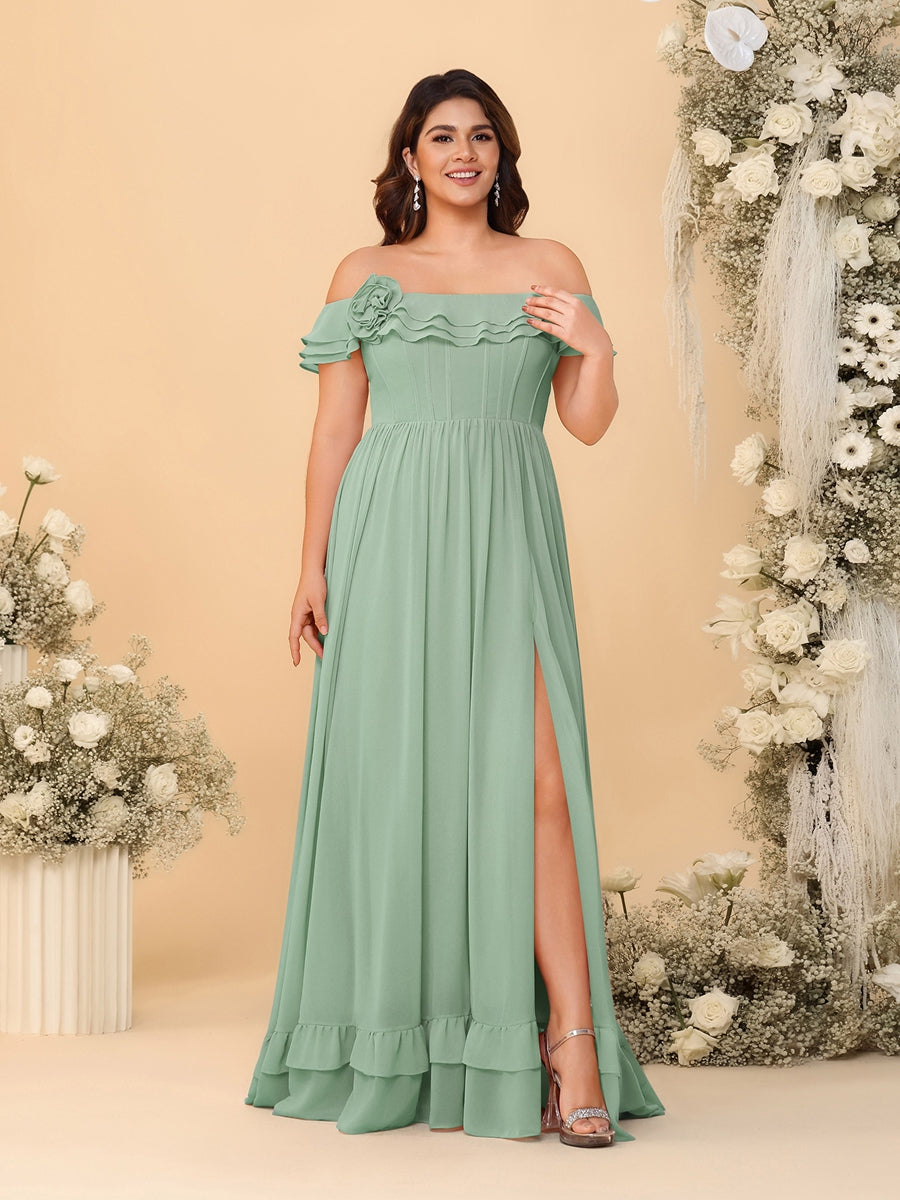 Chiffon A-Line/Princess Off-the-Shoulder Short Sleeves Plus Size Bridesmaid Dresses with Side Slit