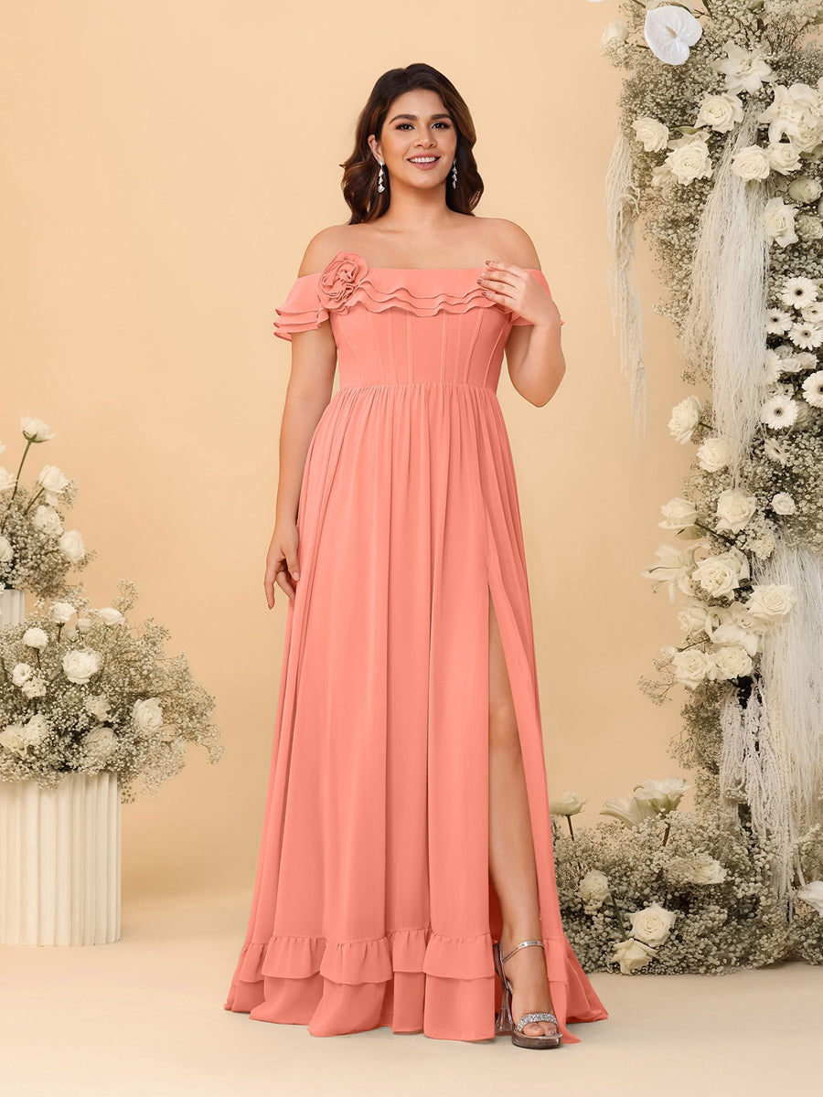 Chiffon A-Line/Princess Off-the-Shoulder Short Sleeves Plus Size Bridesmaid Dresses with Side Slit