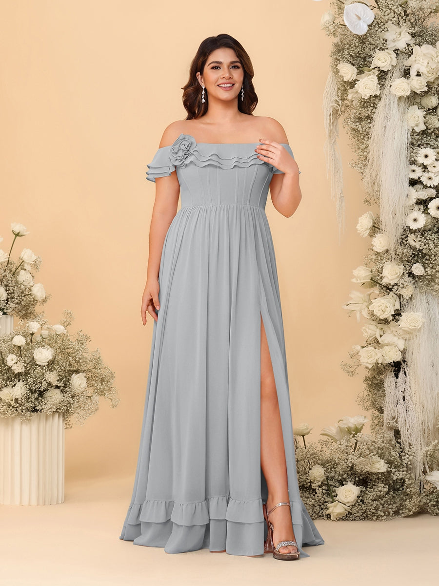 Chiffon A-Line/Princess Off-the-Shoulder Short Sleeves Plus Size Bridesmaid Dresses with Side Slit