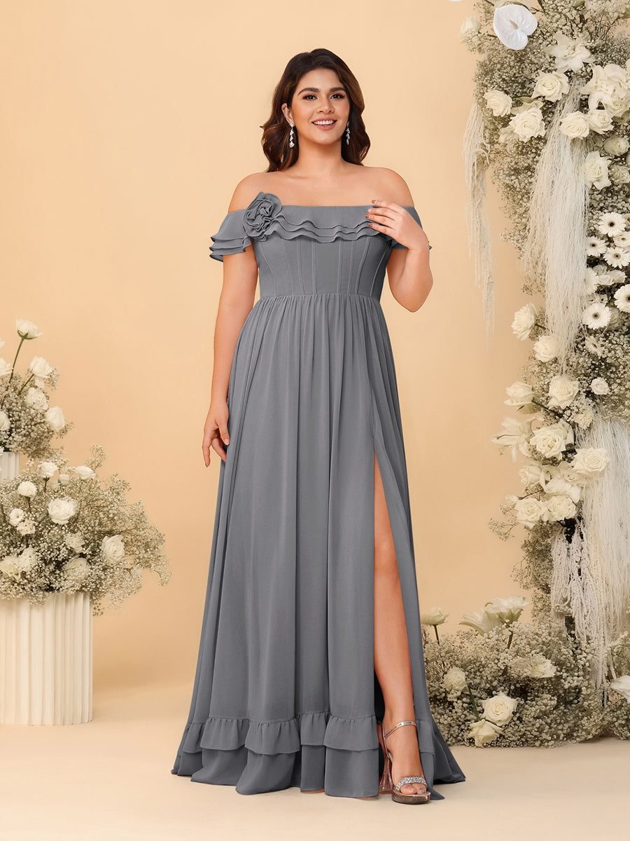 Chiffon A-Line/Princess Off-the-Shoulder Short Sleeves Plus Size Bridesmaid Dresses with Side Slit