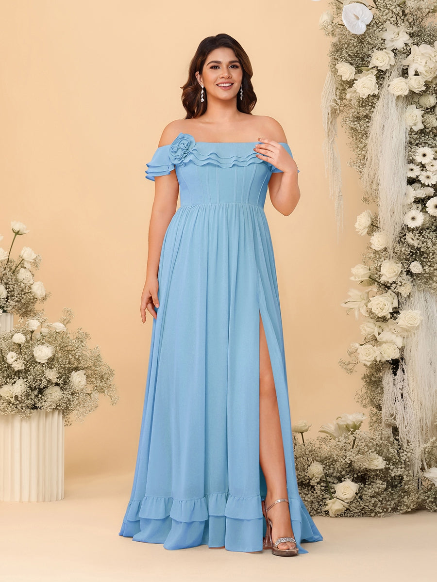 Chiffon A-Line/Princess Off-the-Shoulder Short Sleeves Plus Size Bridesmaid Dresses with Side Slit