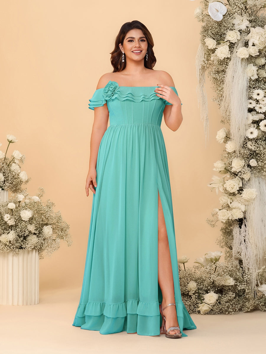 Chiffon A-Line/Princess Off-the-Shoulder Short Sleeves Plus Size Bridesmaid Dresses with Side Slit