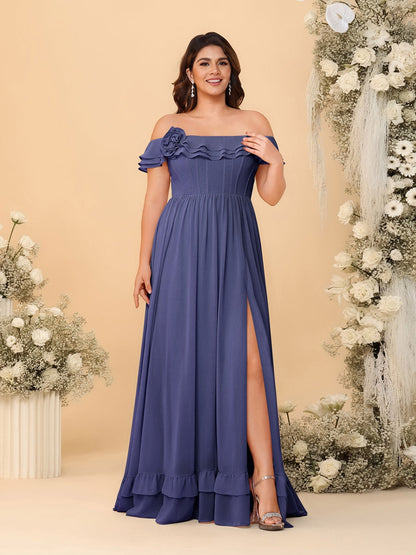 Chiffon A-Line/Princess Off-the-Shoulder Short Sleeves Plus Size Bridesmaid Dresses with Side Slit