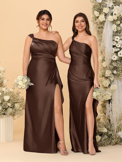 Sheath/Column One-Shoulder Sleeveless Split Side Bridesmaid Dresses with Ruffles