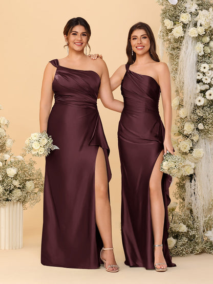 Sheath/Column One-Shoulder Sleeveless Split Side Bridesmaid Dresses with Ruffles