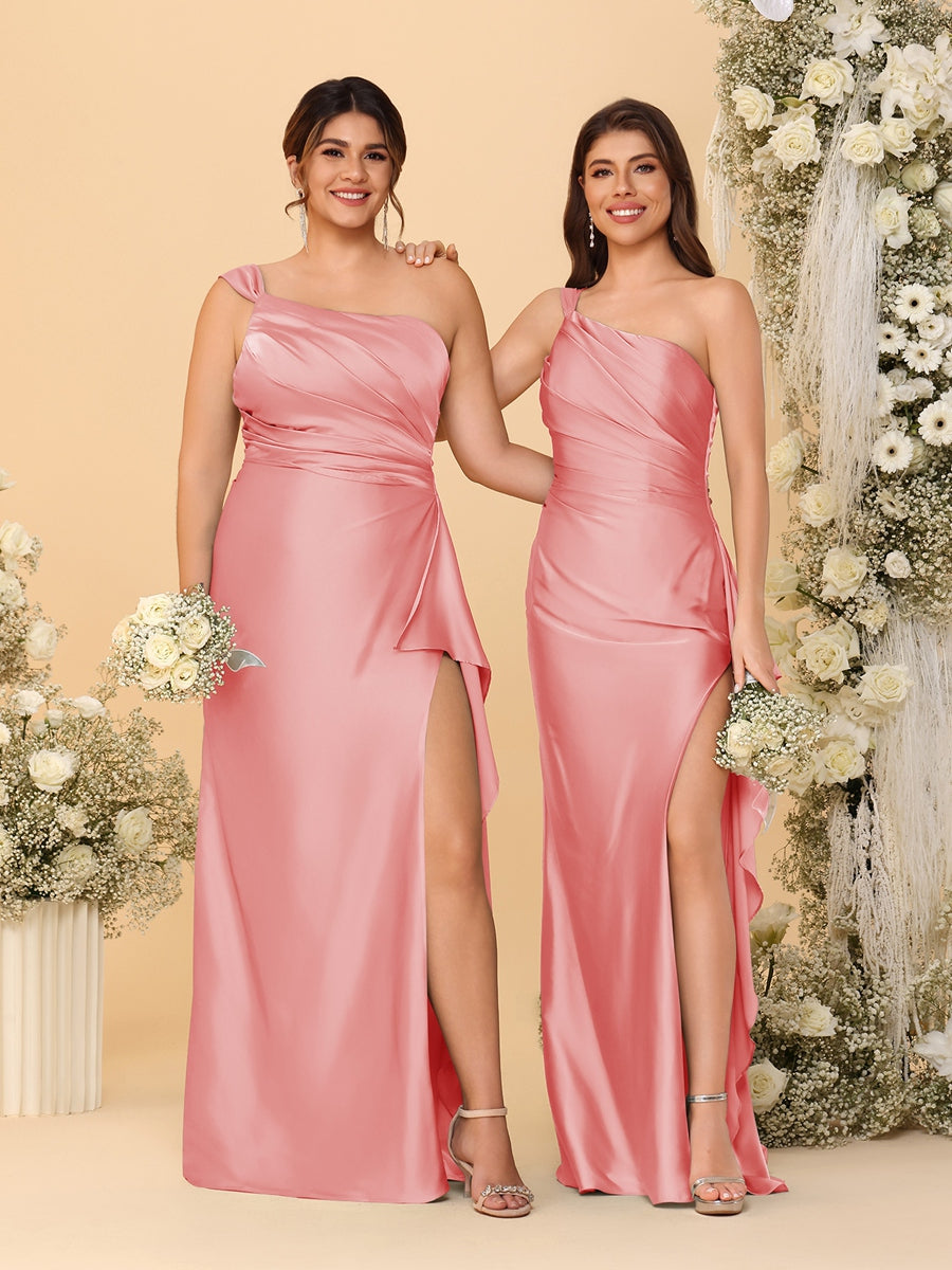 Sheath/Column One-Shoulder Sleeveless Split Side Bridesmaid Dresses with Ruffles
